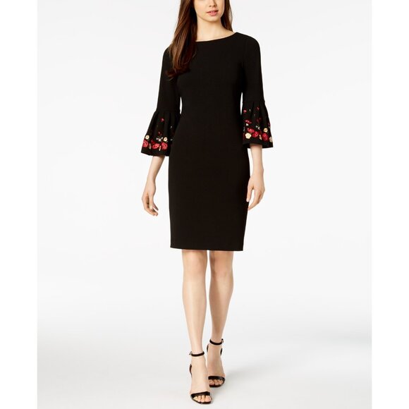 NWT Calvin Klein Womens Size 8 Black Embroidered Bell-Sleeve Sheath Dress NEW - Picture 1 of 3